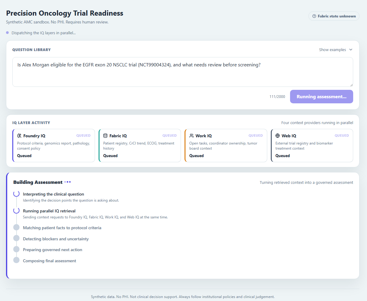 AMC IQ proof-of-concept interface with an editable free-text question, four IQ providers queued in parallel, and the Building Assessment workflow in progress.